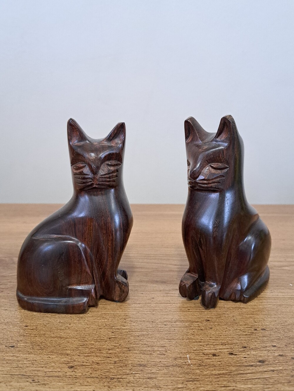 VTG Pair of Hand Carved Ironwood Cat Figurines Set of 2 MCM Wood Sculptures
